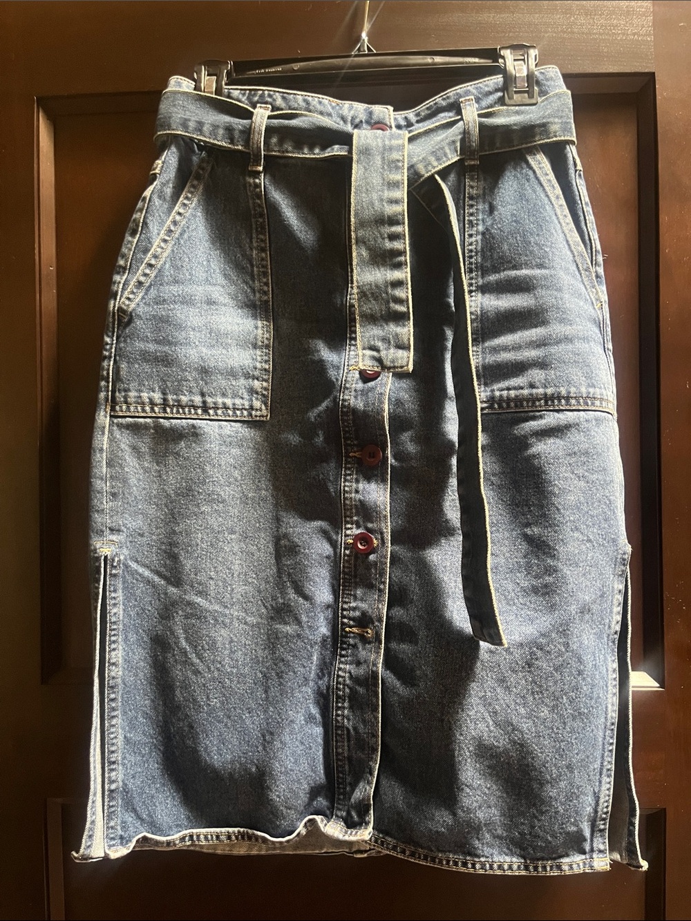 Reiss Medium Blue Denim Button-Front Belted A-Line Skirt